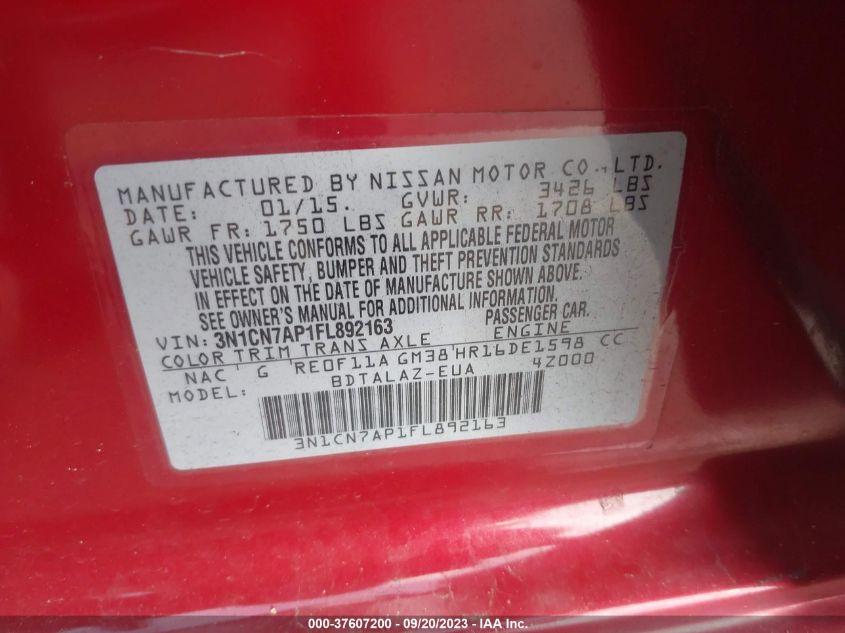 2015 NISSAN VERSA S PLUS - 3N1CN7AP1FL892163