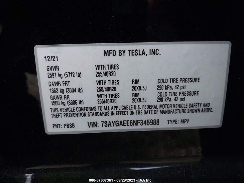 2022 TESLA MODEL Y LONG RANGE - 7SAYGAEE6NF345988