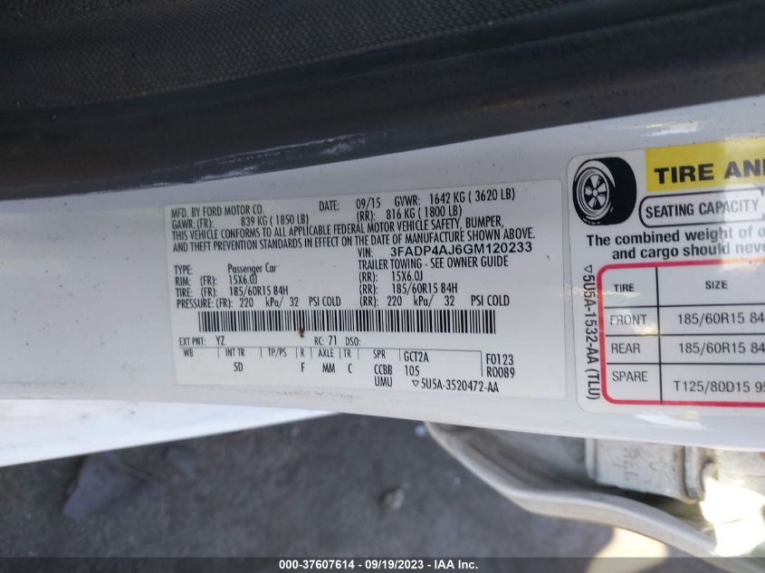 2016 FORD FIESTA S - 3FADP4AJ6GM120233