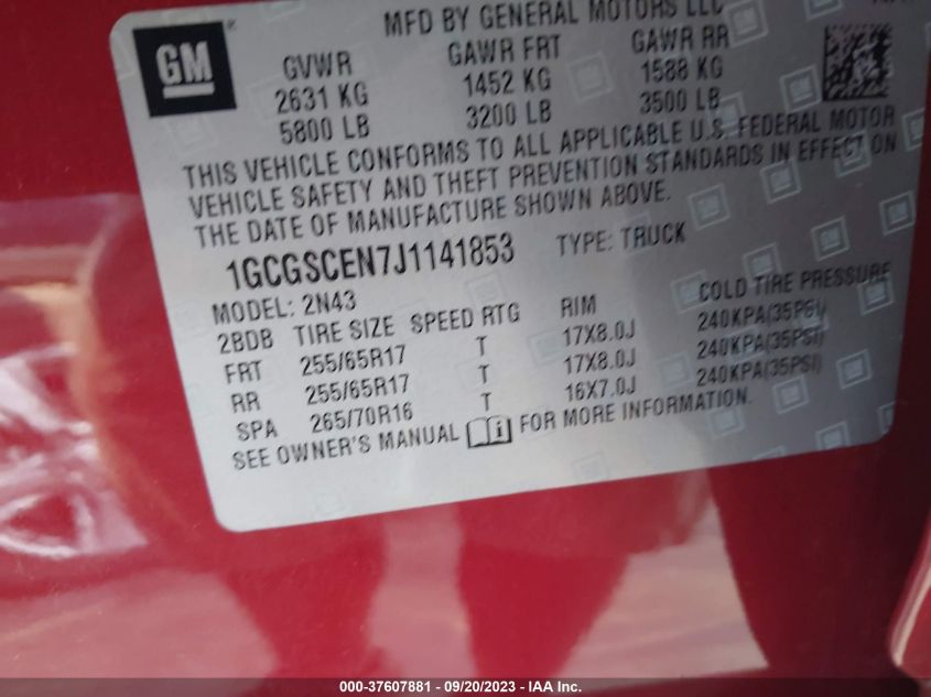 2018 CHEVROLET COLORADO LT - 1GCGSCEN7J1141853