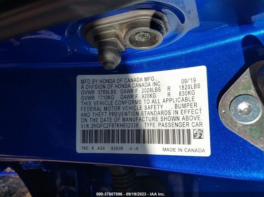 2019 HONDA CIVIC SPORT - 2HGFC2F87KH602338