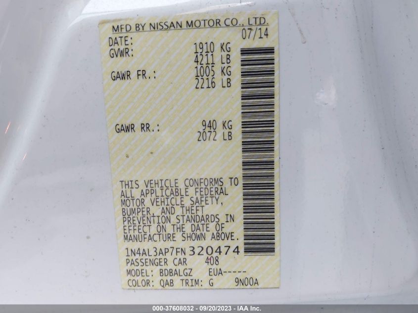 2015 NISSAN ALTIMA 2.5/S/SV/SL - 1N4AL3AP7FN320474