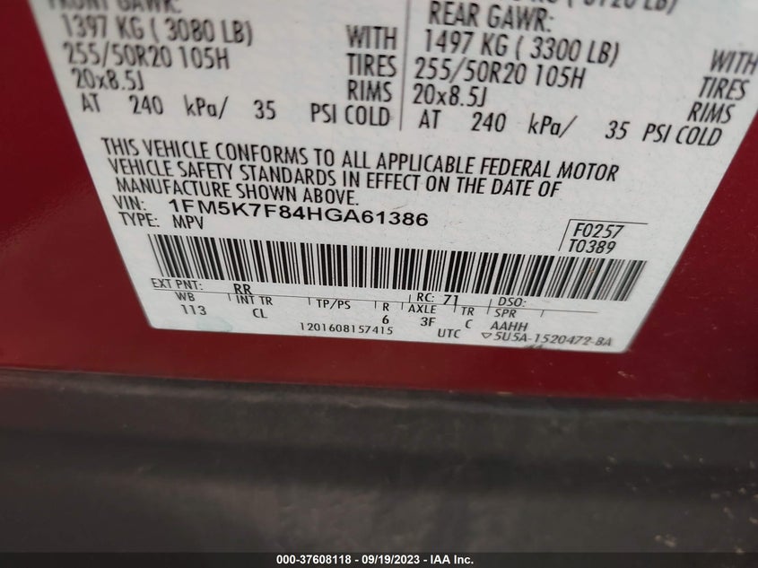 VIN 1FM5K7F84HGA61386 2017 FORD EXPLORER LIMITED