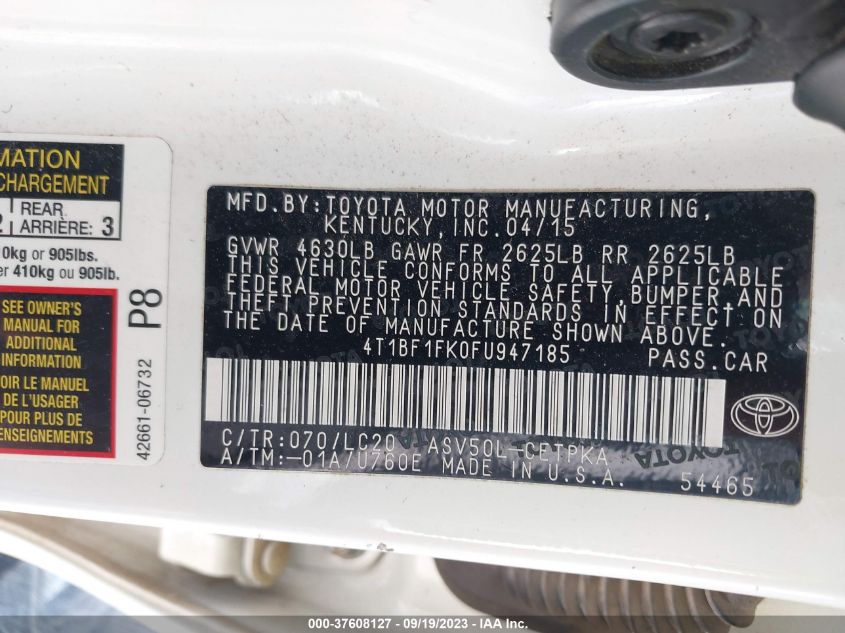 2015 TOYOTA CAMRY XLE/SE/LE/XSE - 4T1BF1FK0FU947185