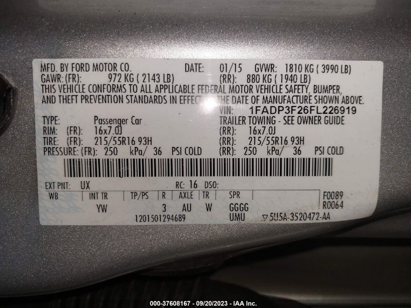 2015 FORD FOCUS SE - 1FADP3F26FL226919