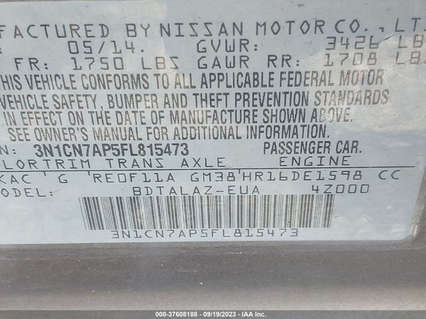 2015 NISSAN VERSA S PLUS - 3N1CN7AP5FL815473