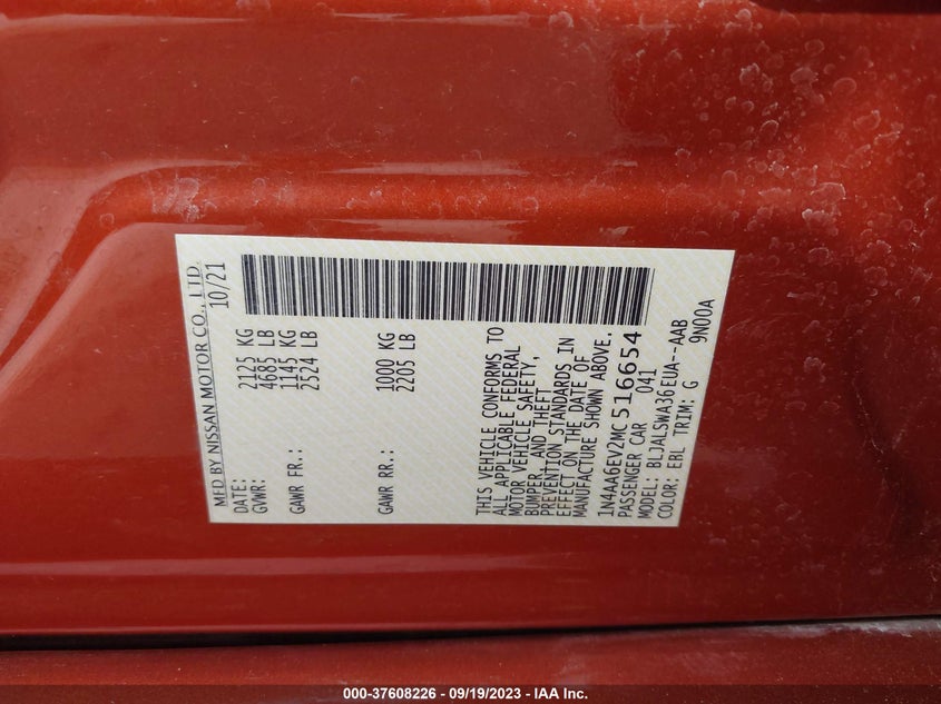 VIN 1N4AA6EV2MC516654 2021 NISSAN MAXIMA SR