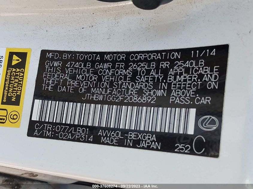 2015 LEXUS ES 300H HYBRID JTHBW1GG2F2086892