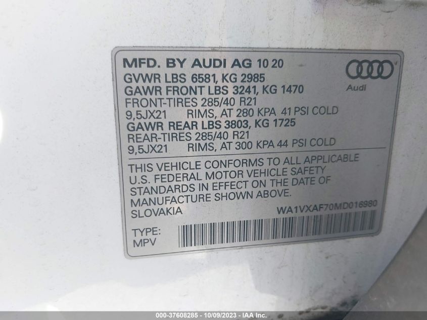 WA1VXAF70MD016980 2021 AUDI Q7, photo no. 9