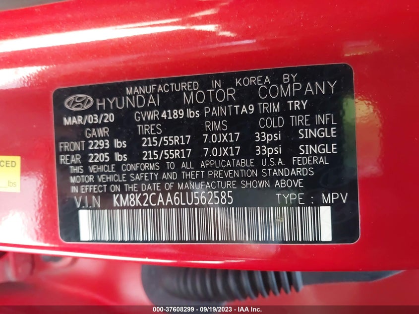 VIN KM8K2CAA6LU562585 2020 HYUNDAI KONA SEL