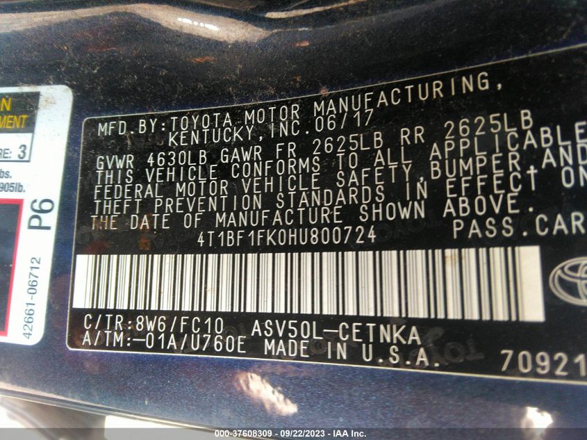 2017 TOYOTA CAMRY XLE/SE/LE/XSE - 4T1BF1FK0HU800724
