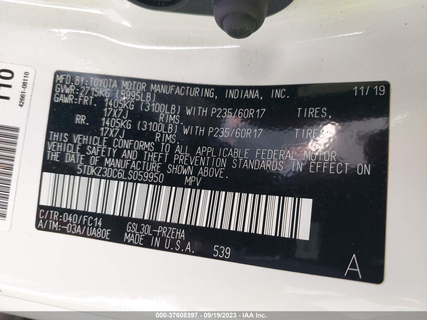 VIN 5TDKZ3DC6LS059950 2020 TOYOTA SIENNA LE