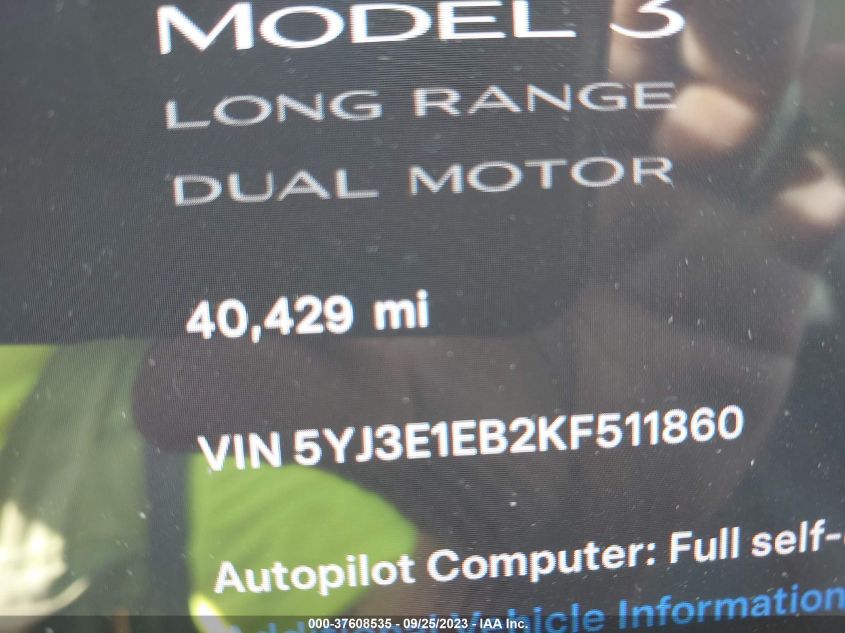 2019 TESLA MODEL 3 LONG RANGE/PERFORMANCE - 5YJ3E1EB2KF511860