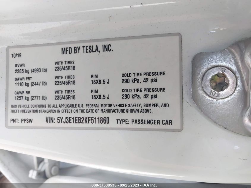 2019 TESLA MODEL 3 LONG RANGE/PERFORMANCE - 5YJ3E1EB2KF511860