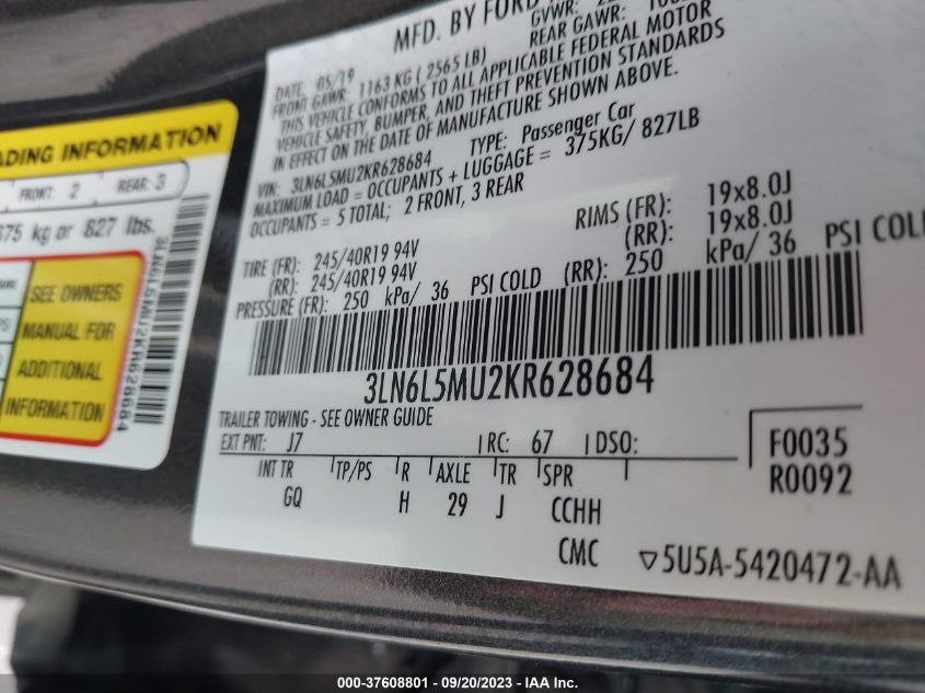 2019 LINCOLN MKZ HYBRID RESERVE II 3LN6L5MU2KR628684