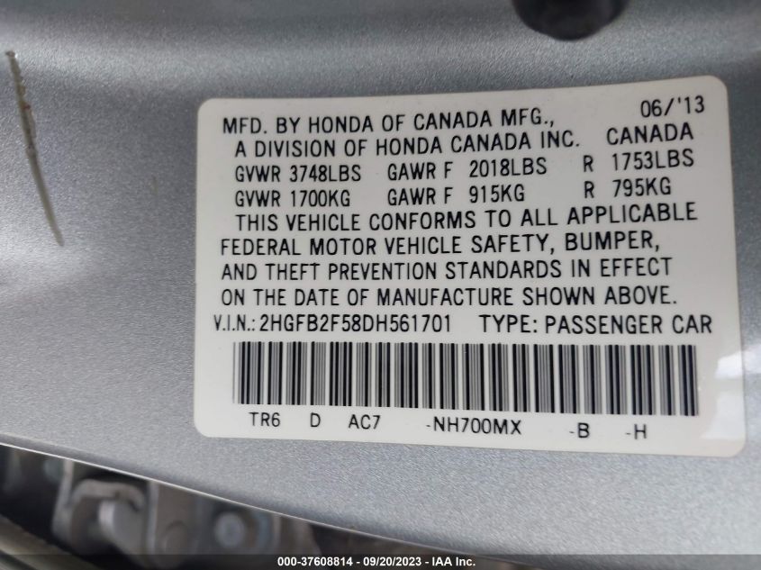 2013 HONDA CIVIC SDN LX - 2HGFB2F58DH561701