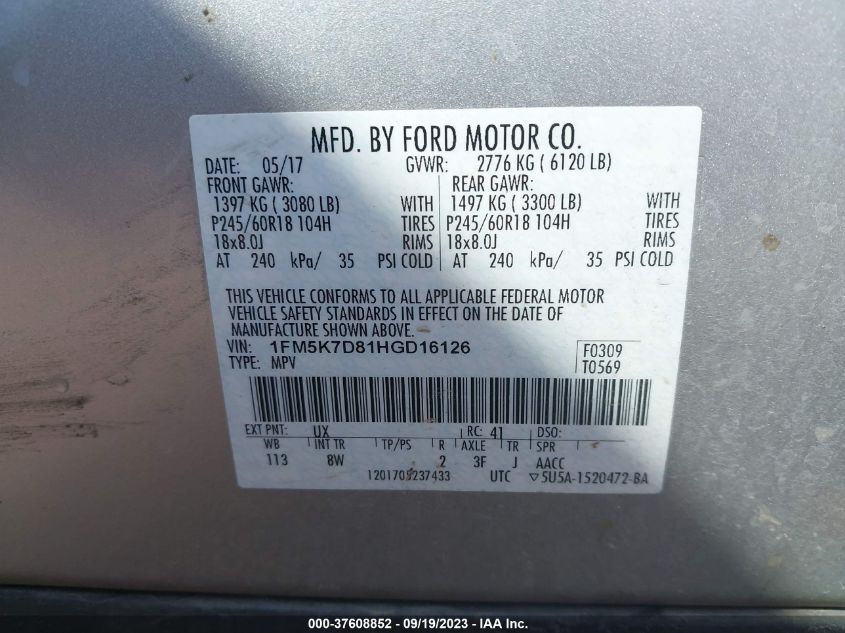 2017 FORD EXPLORER XLT - 1FM5K7D81HGD16126