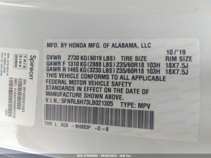 5FNRL6H73LB021305 Honda Odyssey EX-L 9