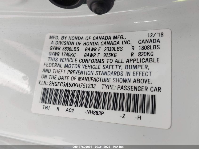 2019 HONDA CIVIC SI COUPE 2HGFC3A5XKH751233