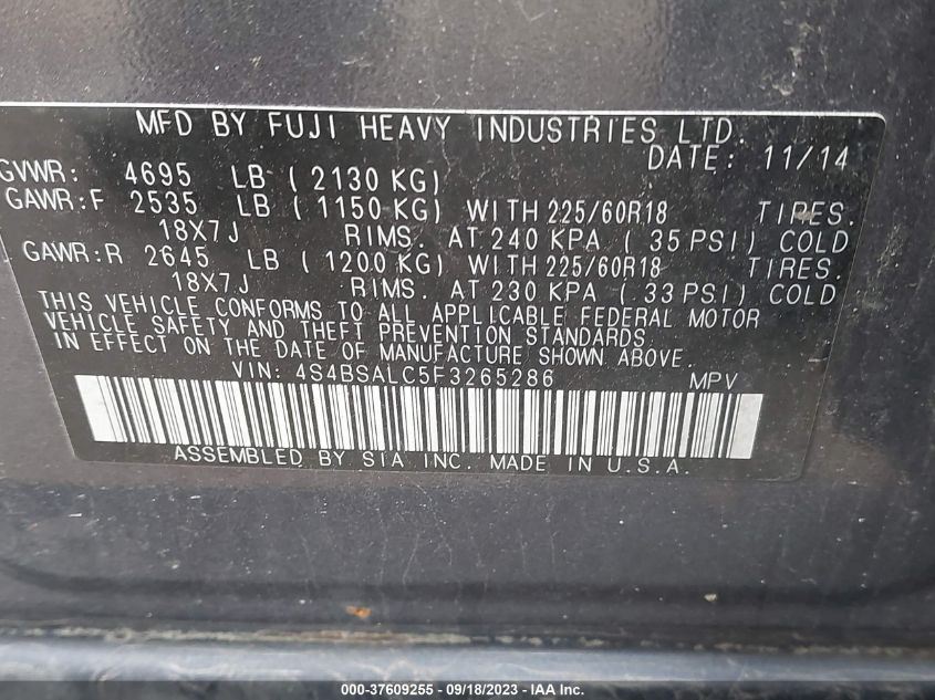 2015 SUBARU OUTBACK 2.5I LIMITED - 4S4BSALC5F3265286