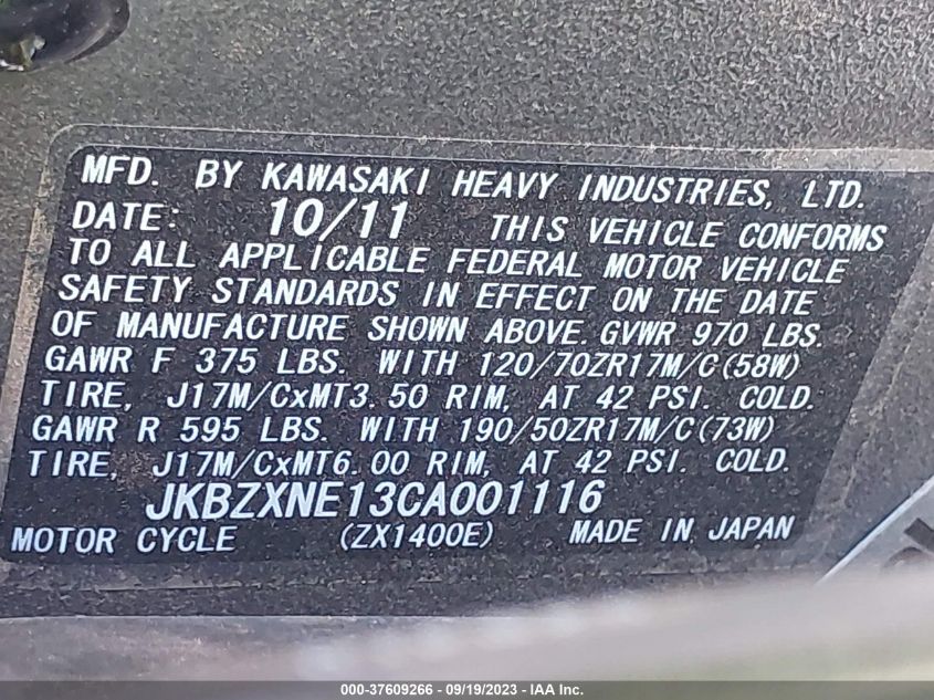 2012 KAWASAKI ZX1400 EC - JKBZXNE13CA001116
