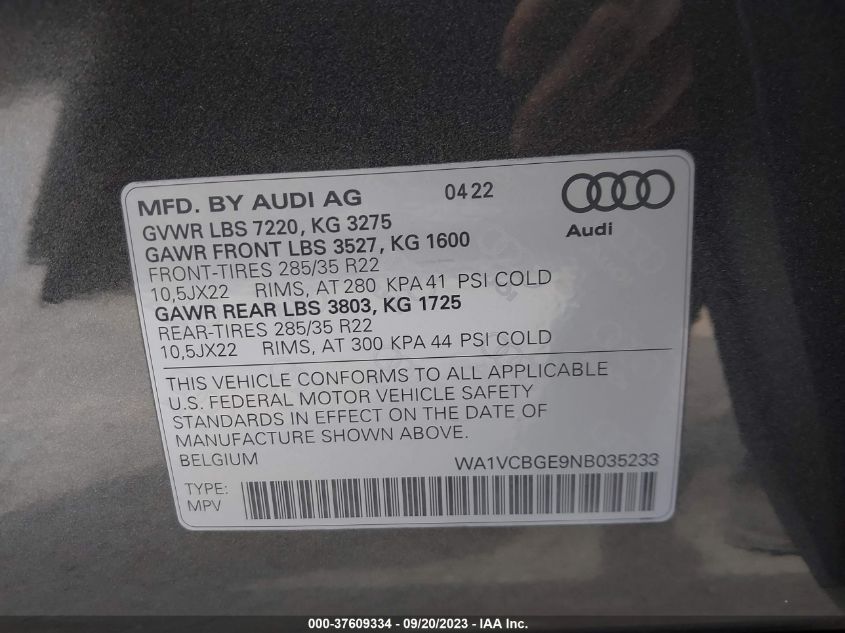 2022 AUDI E-TRON S PRESTIGE WA1VCBGE9NB035233