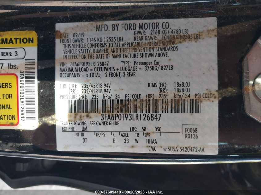 2020 FORD FUSION SE - 3FA6P0T93LR126847