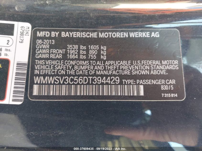 2013 MINI COOPER HARDTOP S WMWSV3C56DT394429