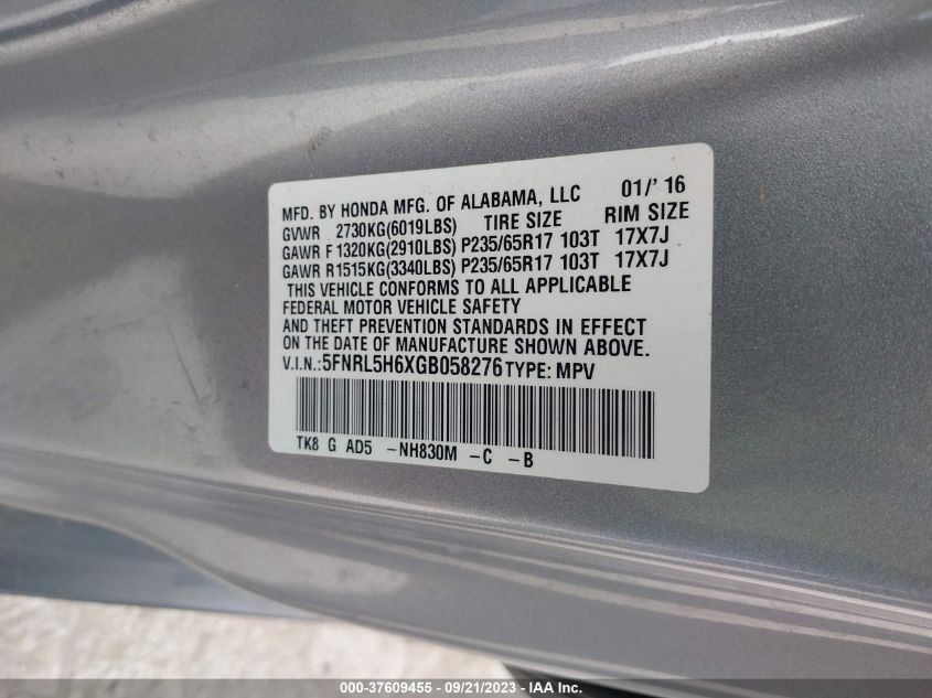 2016 HONDA ODYSSEY EXL - 5FNRL5H6XGB058276
