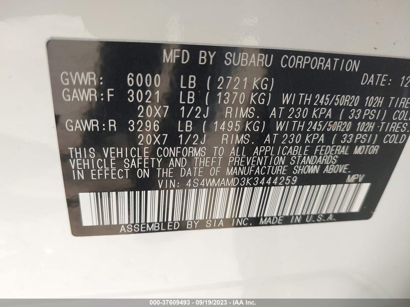 VIN 4S4WMAMD3K3444259 2019 SUBARU ASCENT LIMITED