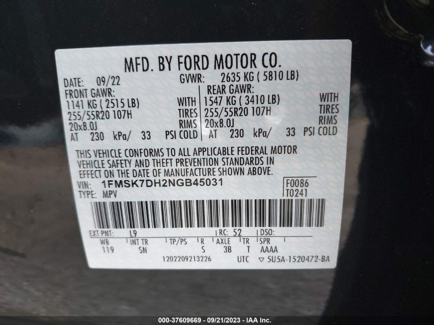 2022 FORD EXPLORER XLT - 1FMSK7DH2NGB45031