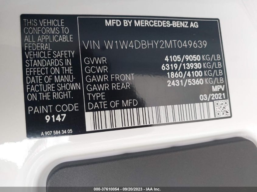 2021 MERCEDES-BENZ SPRINTER VAN W1W4DBHY2MT049639