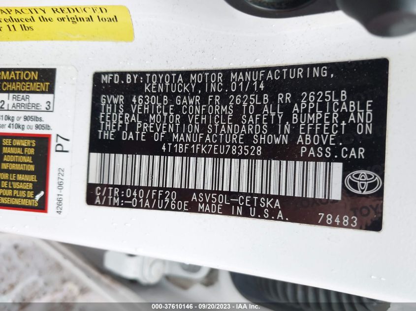 2014 TOYOTA CAMRY L/LE/XLE/SE/SE SPORT - 4T1BF1FK7EU783528