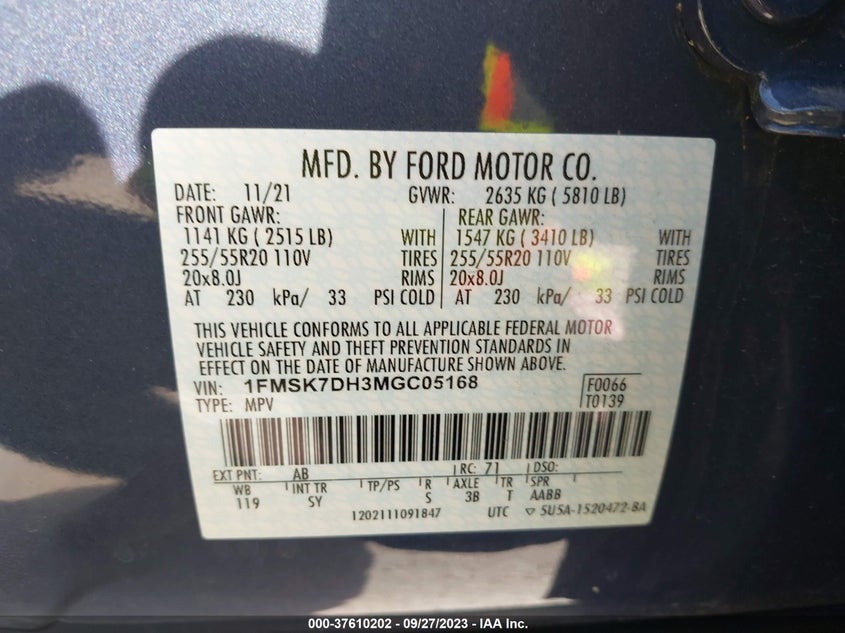 VIN 1FMSK7DH3MGC05168 2021 FORD EXPLORER XLT