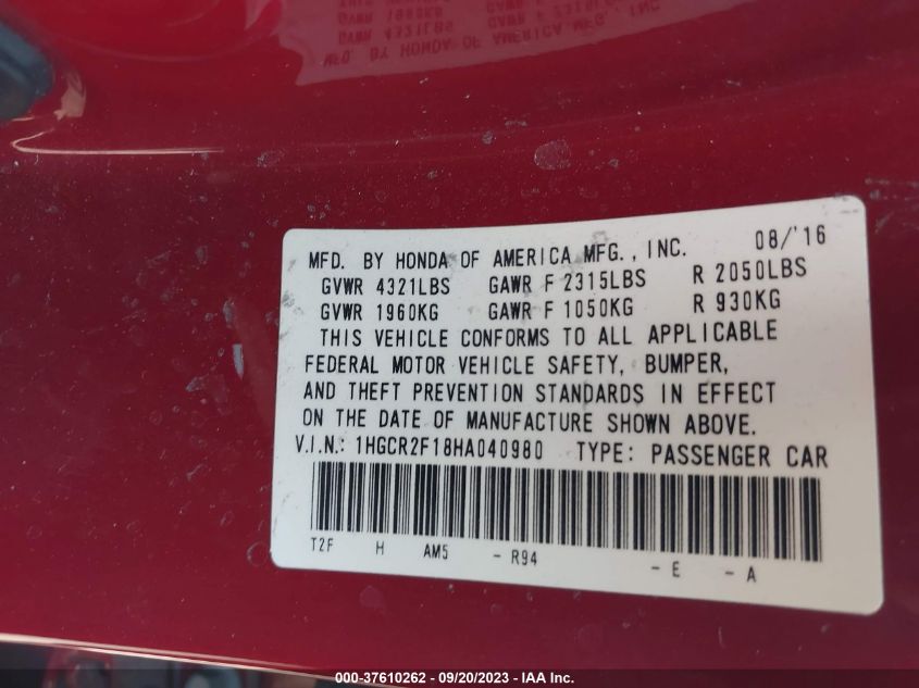2017 HONDA ACCORD SEDAN SPORT SE - 1HGCR2F18HA040980