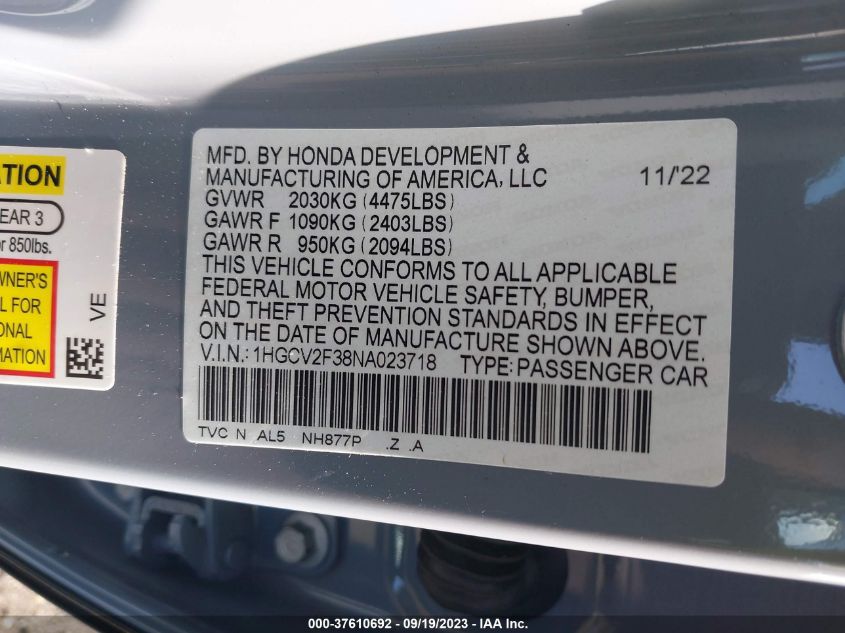 2022 HONDA ACCORD SPORT 2.0T - 1HGCV2F38NA023718