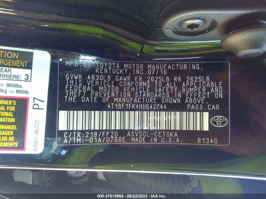 2017 TOYOTA CAMRY XLE/SE/LE/XSE - 4T1BF1FK4HU642744
