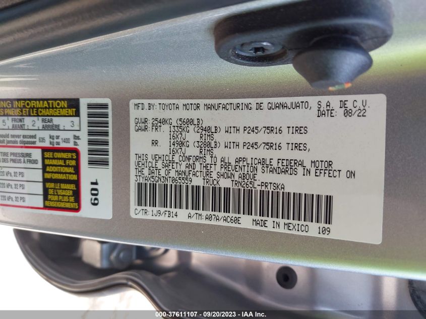 2022 TOYOTA TACOMA 2WD SR/SR5 3TYAX5GN3NT065559
