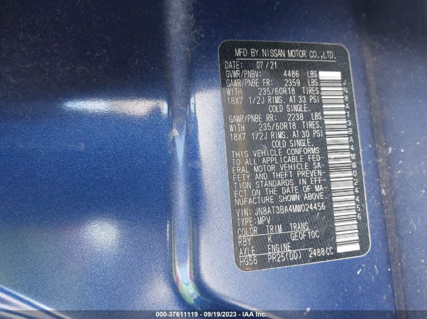 VIN JN8AT3BA4MW024456 2021 NISSAN ROGUE SV