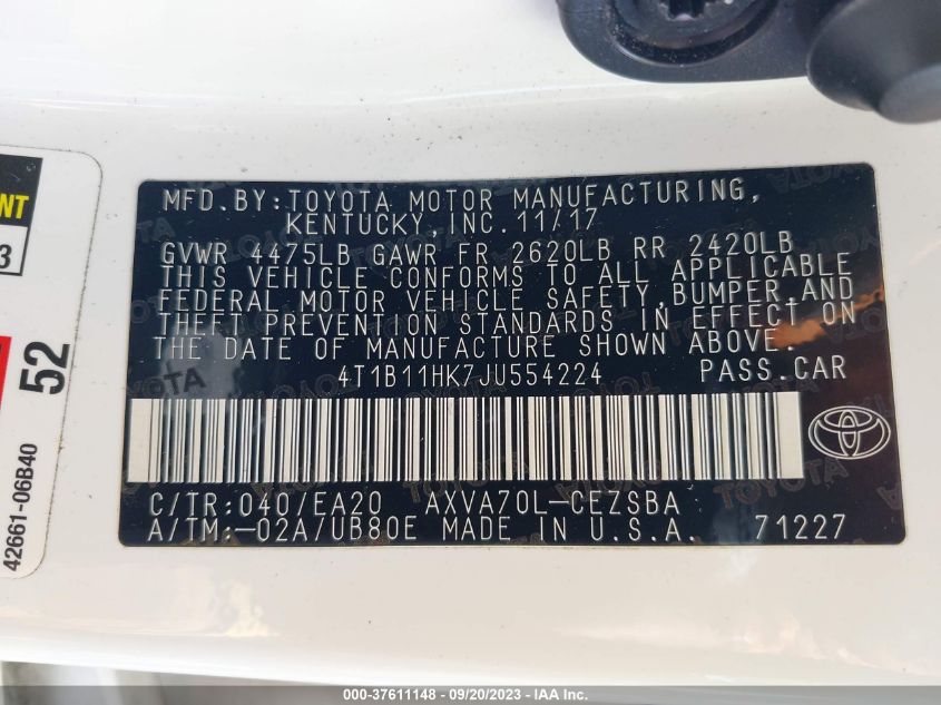 2018 TOYOTA CAMRY LE/SE/XLE/L - 4T1B11HK7JU554224