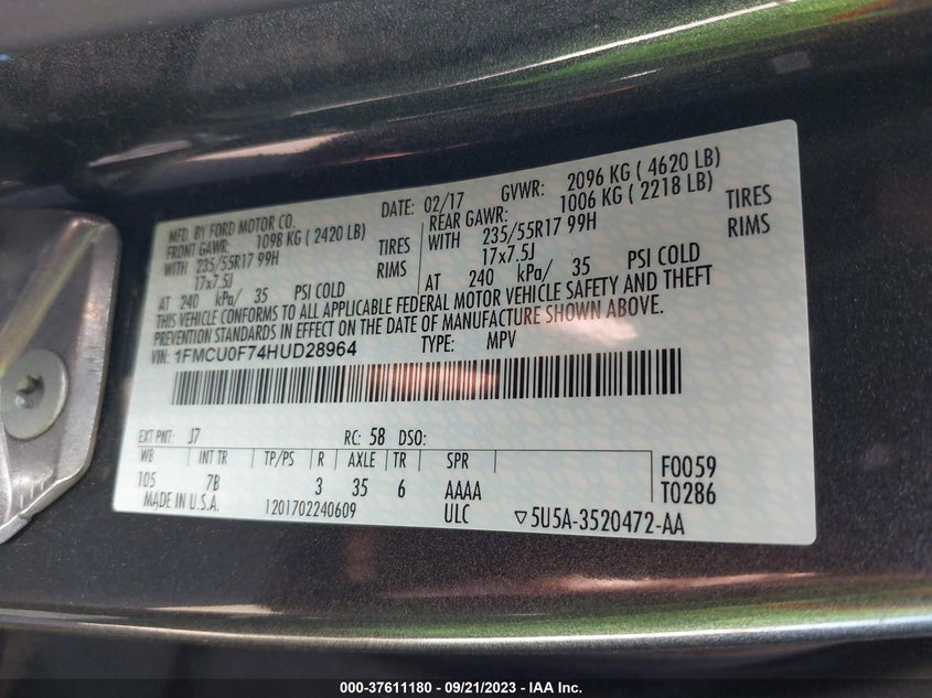 VIN 1FMCU0F74HUD28964 2017 FORD ESCAPE S