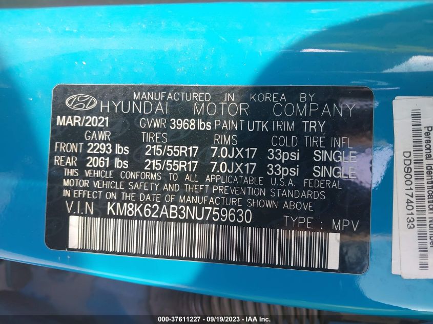 2022 HYUNDAI KONA SEL - KM8K62AB3NU759630