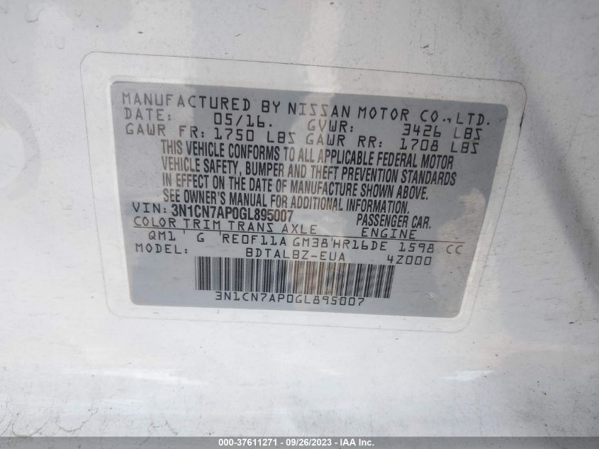 2016 NISSAN VERSA S/S PLUS/SL/SV - 3N1CN7AP0GL895007