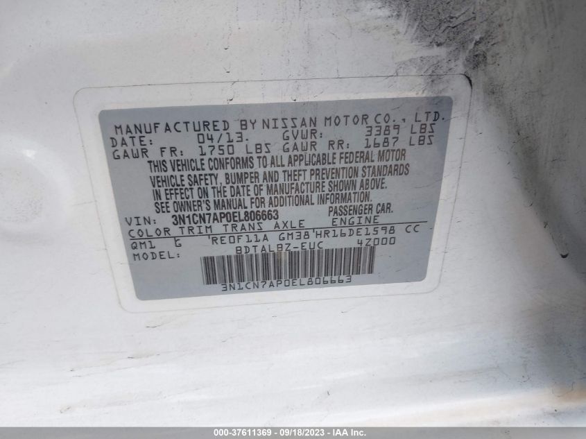 2014 NISSAN VERSA SV - 3N1CN7AP0EL806663