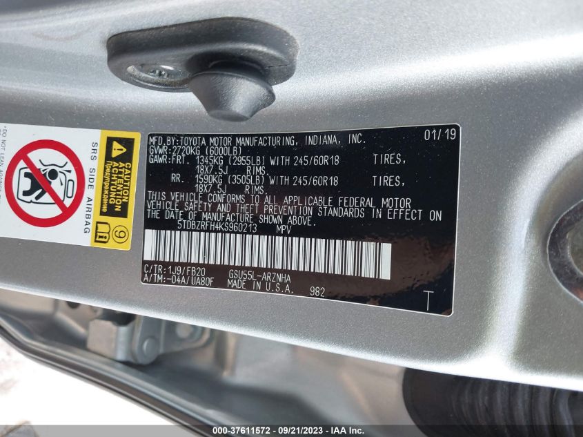 2019 TOYOTA HIGHLANDER LE - 5TDBZRFH4KS960213