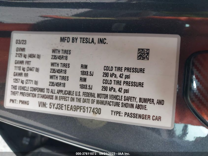 2023 TESLA MODEL 3 - 5YJ3E1EA9PF517430