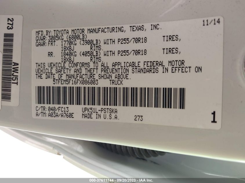 2015 TOYOTA TUNDRA 2WD TRUCK SR5 5TFEM5F16FX086003