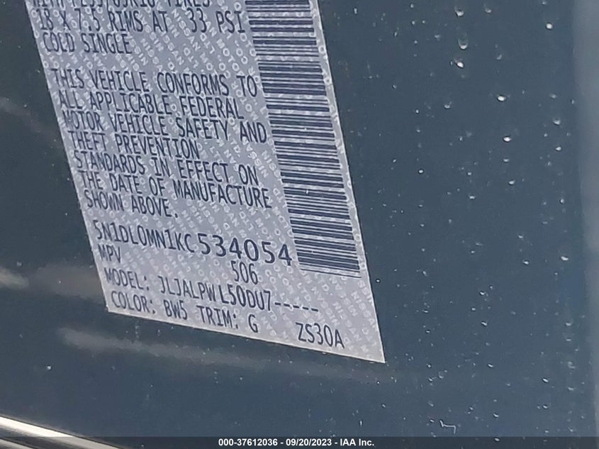 VIN 5N1DL0MN1KC534054 2019 INFINITI QX60 PURE