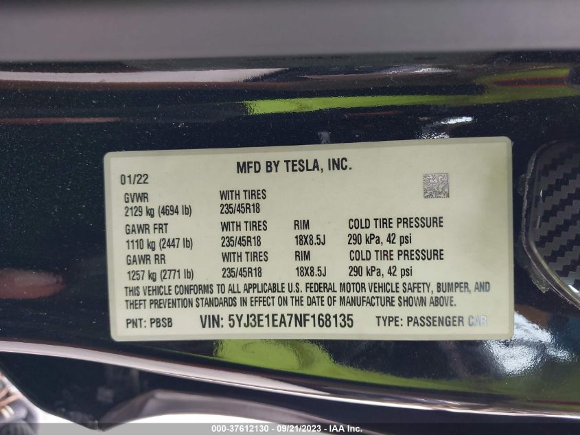 2022 TESLA MODEL 3 - 5YJ3E1EA7NF168135