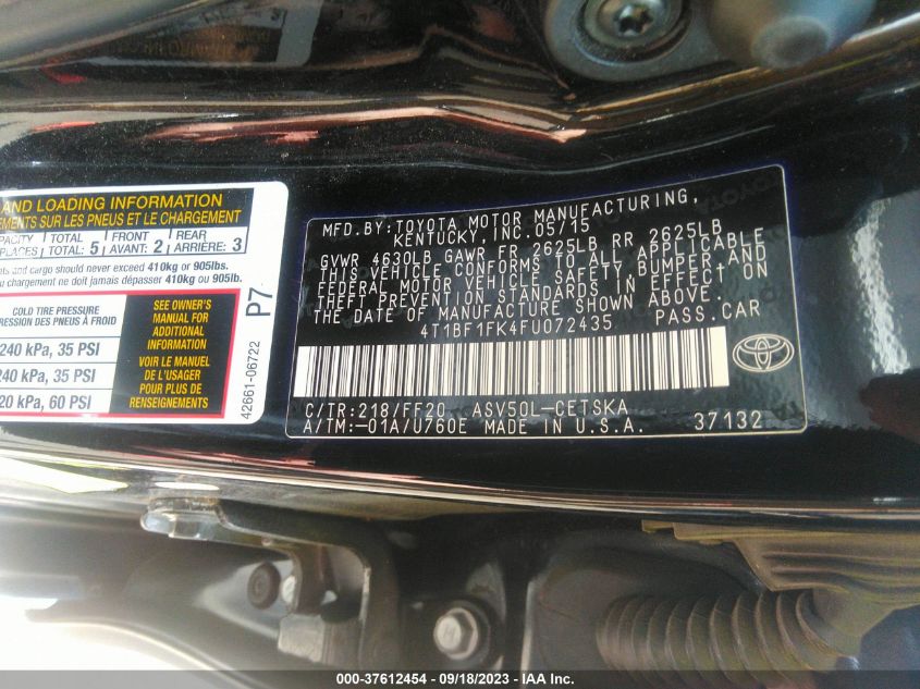2015 TOYOTA CAMRY XLE/SE/LE/XSE - 4T1BF1FK4FU072435
